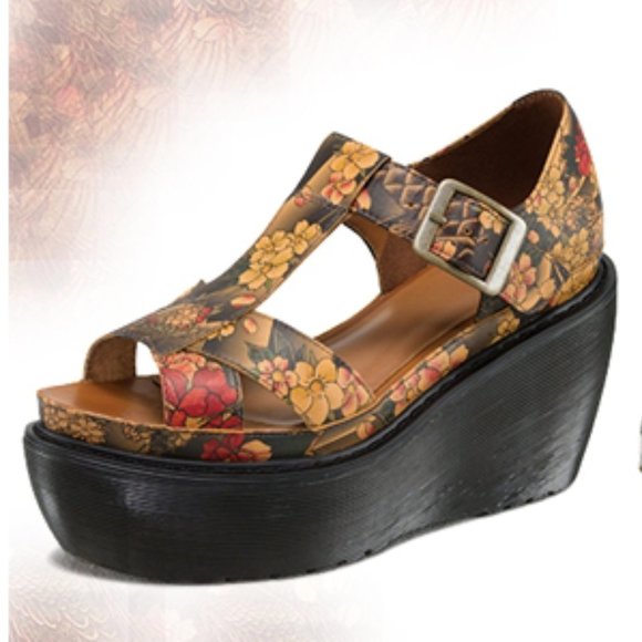 Dr. Martens Shoes - RARE Dr. Martens Adaya Tan Tattoo Floral Wedge Sandals Shoes Women's Size 11